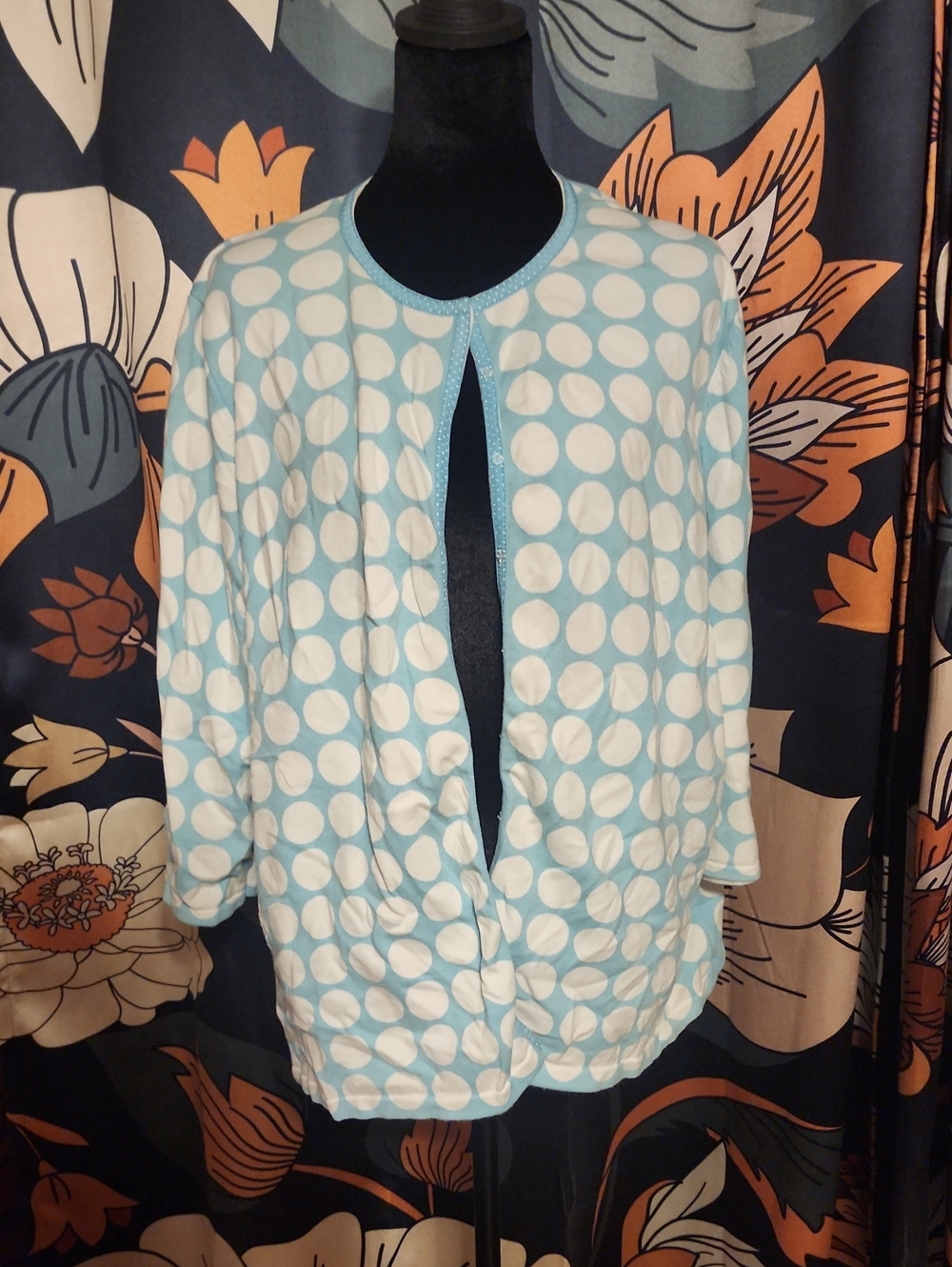 CJ Banks Aqua and White Polka Dot Open Cardigan